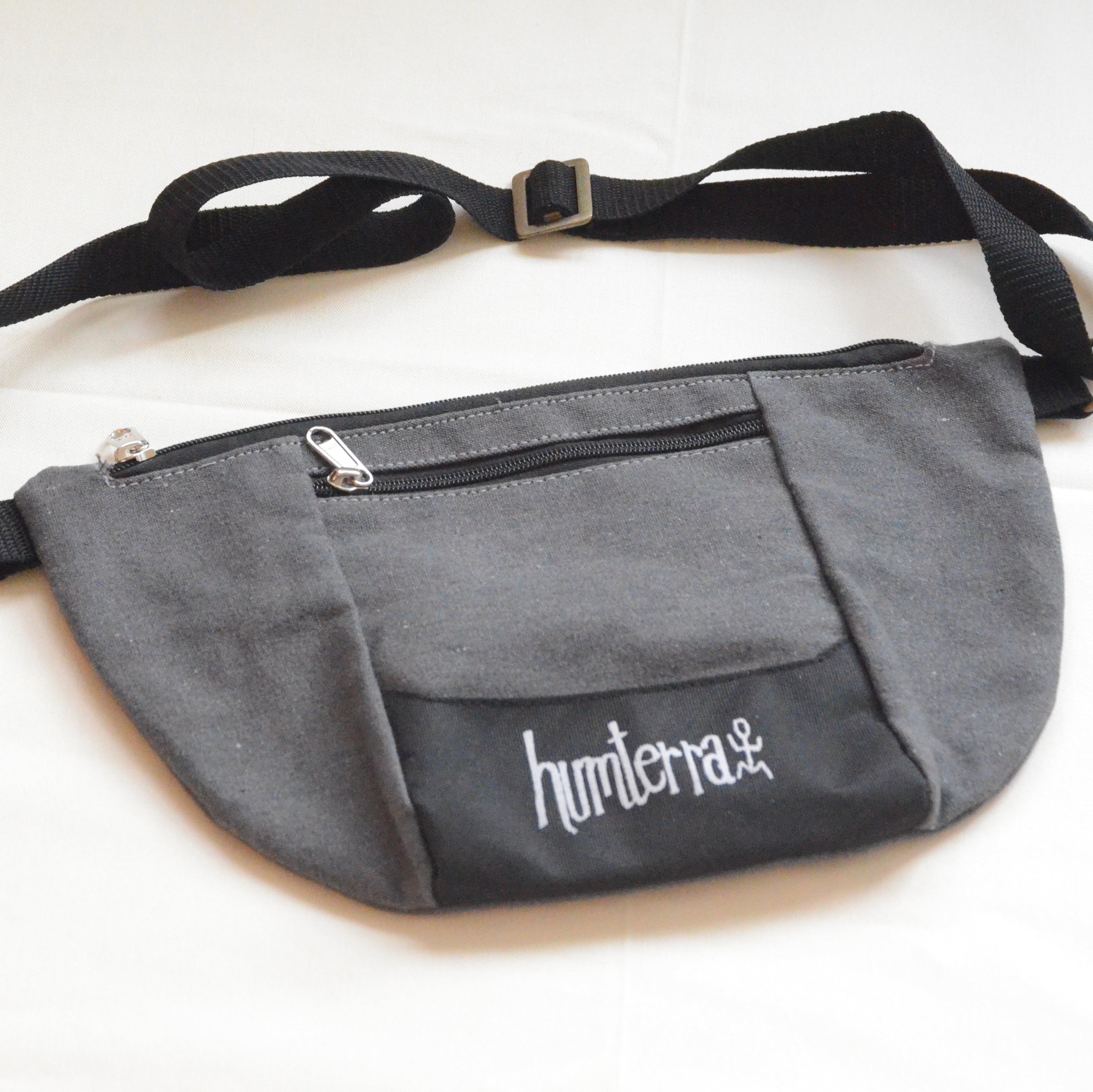 Gray waist bag with 'humterra' branding on a white background