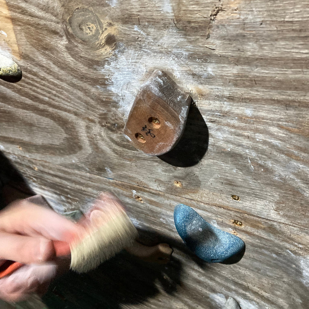 Close-up of a wooden climbing hold and hand holding a brush.