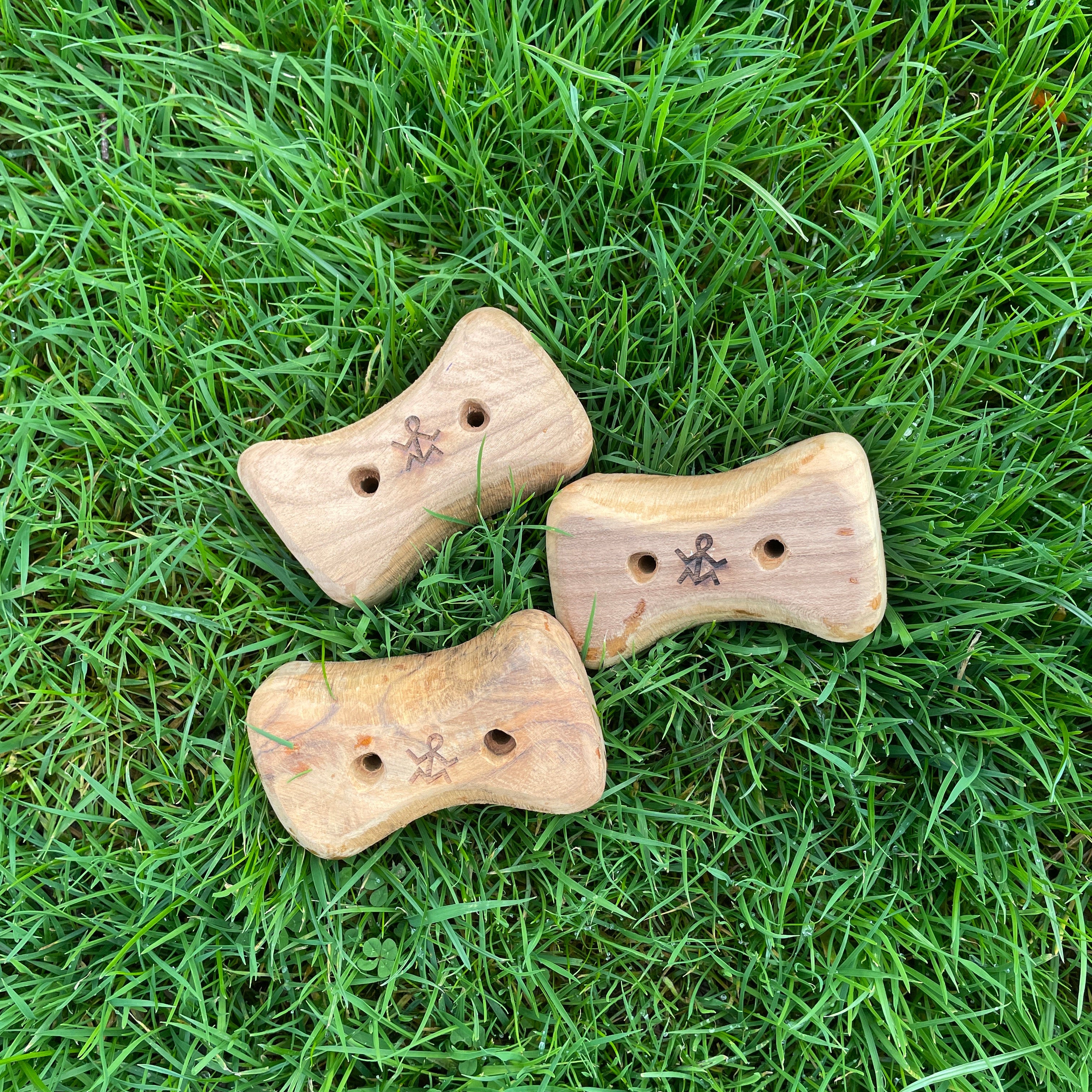 wooden pinch climbing holds in grass
